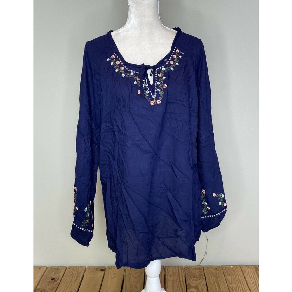 NWT Andrea Collection Embroidered Blouse Plus Size 2X Women’s Navy Long Sleeve